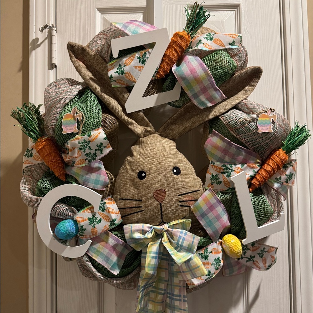 Easter Bunny Wreath with Carrots and Plaid Accents